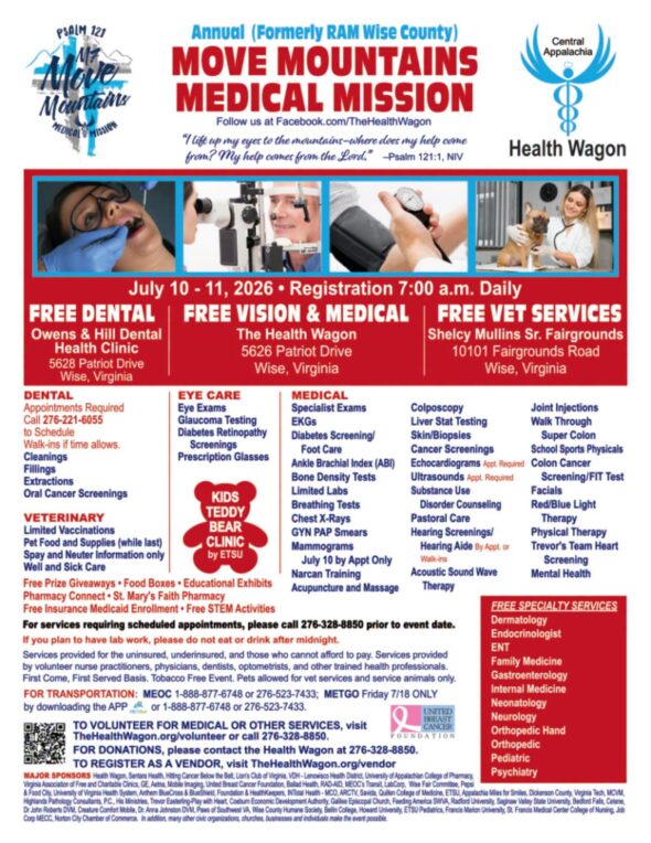 Health Wagon’s annual “Move Mountains Medical Mission” this weekend in Wise